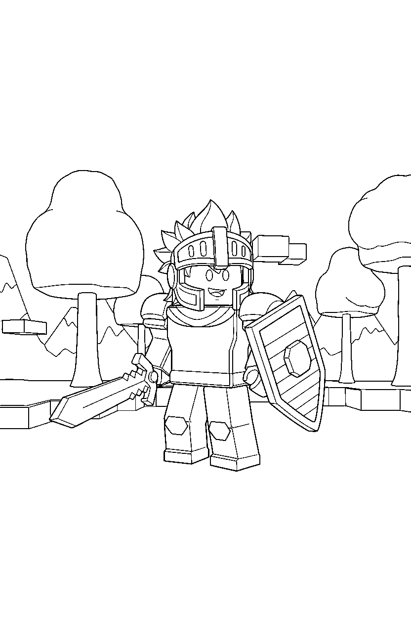 roblox warrior looking around in a block world line art