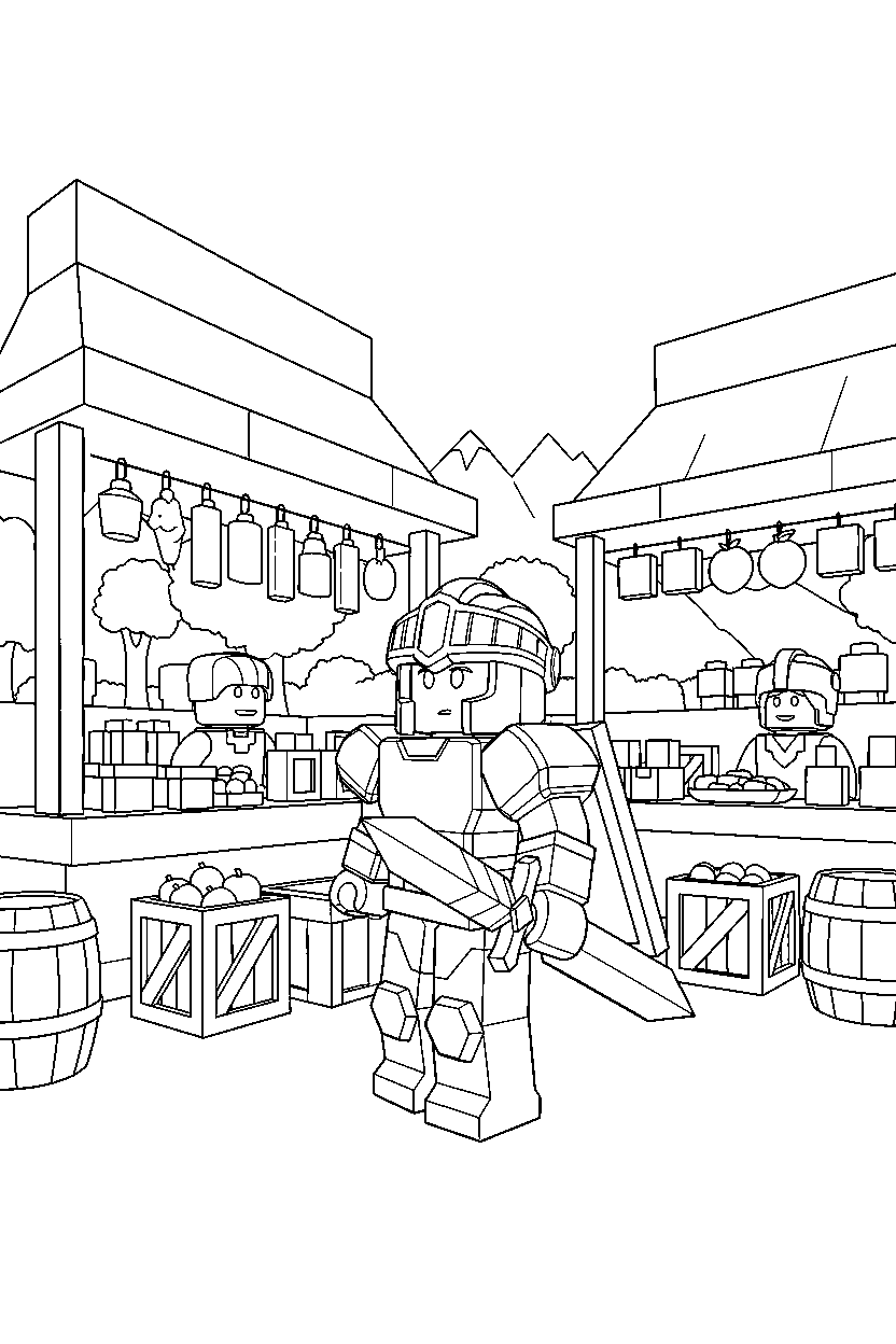 roblox warrior looking around near a block marketplace line art