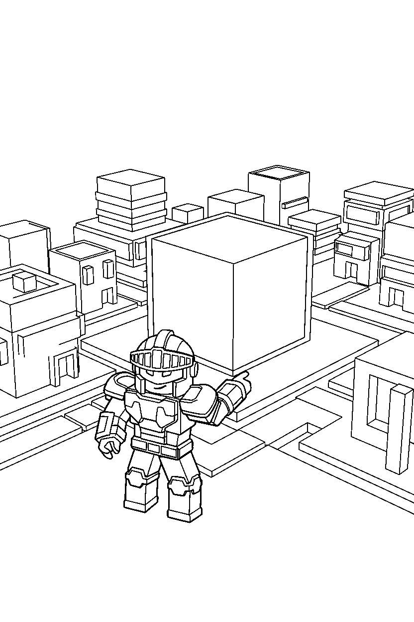 roblox warrior looking at a block in a block town line art