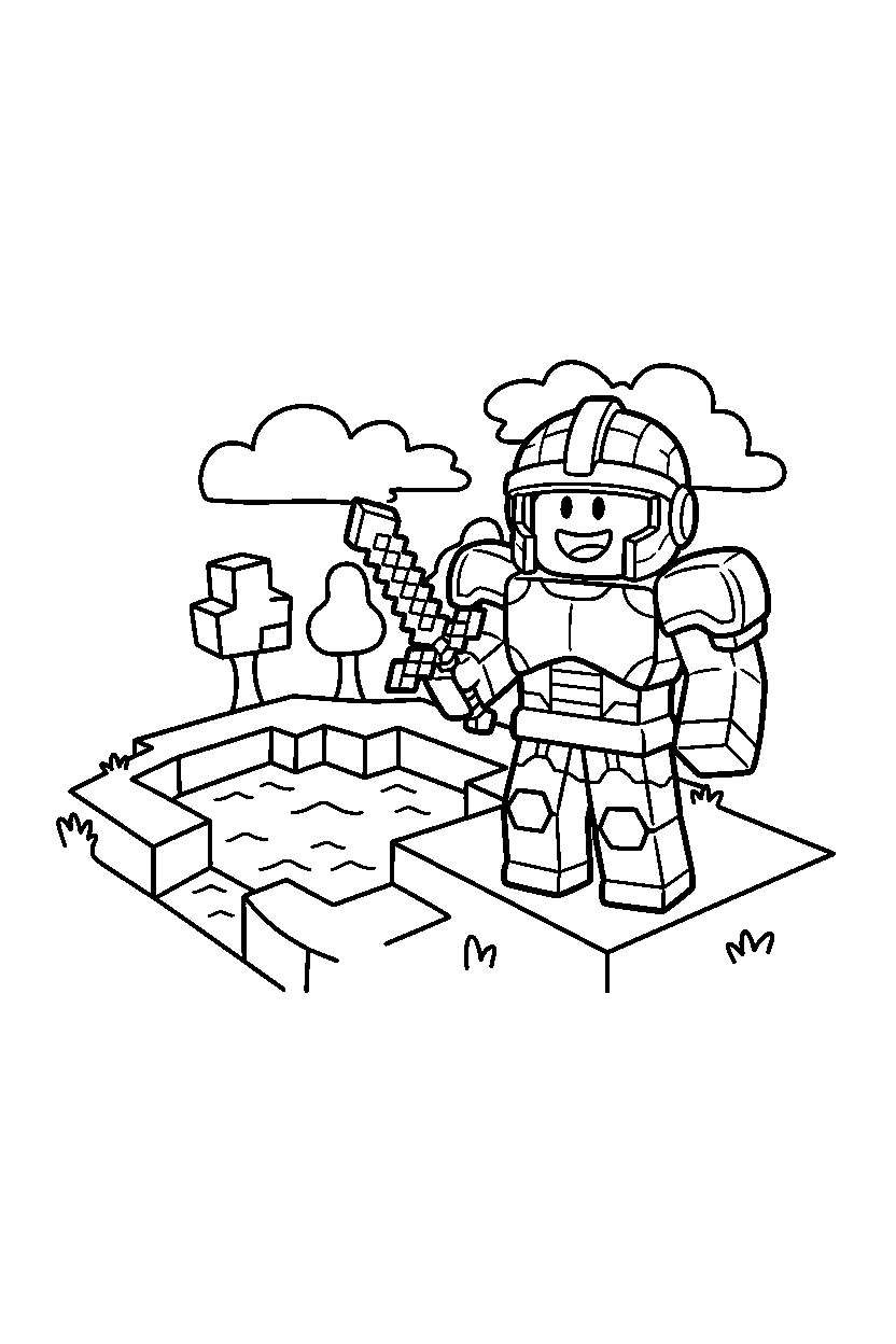 roblox warrior smiling near a block lake line art