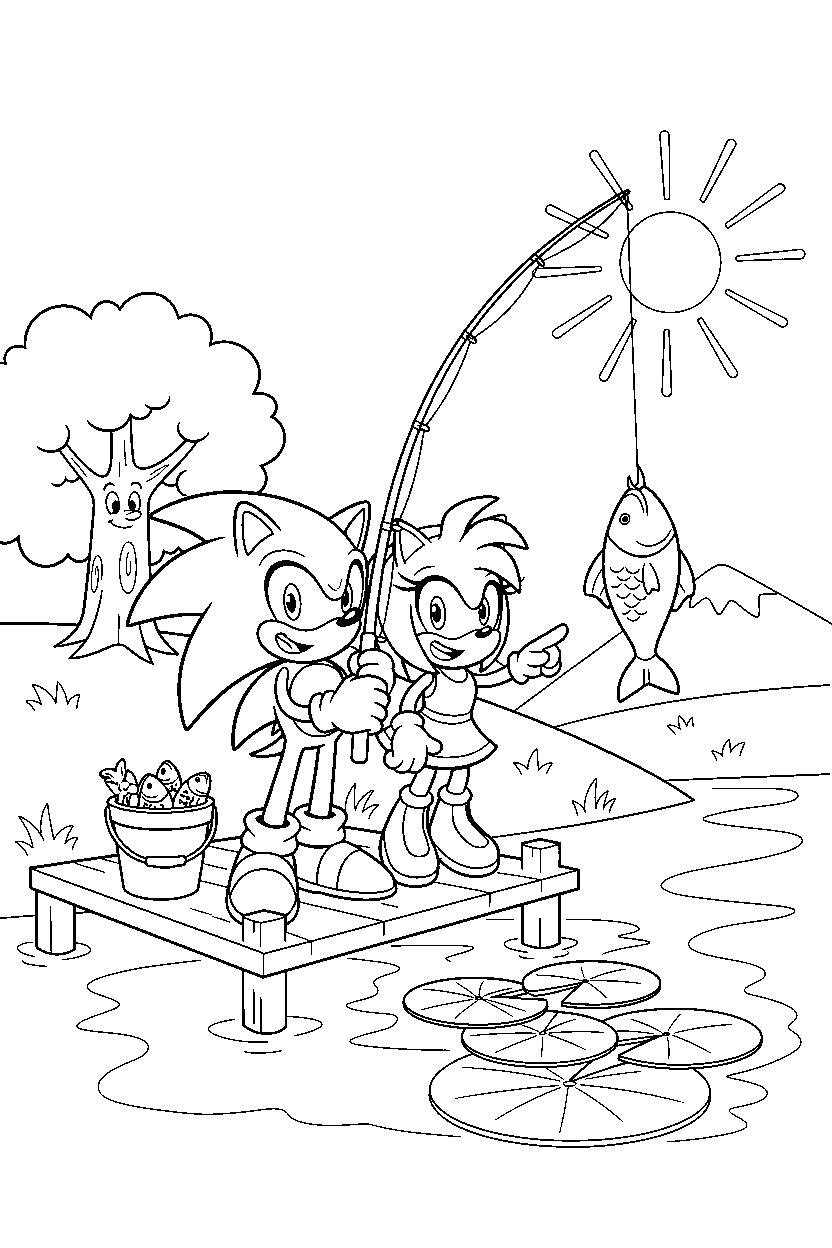 sonic amy exploring at fishing spot line art