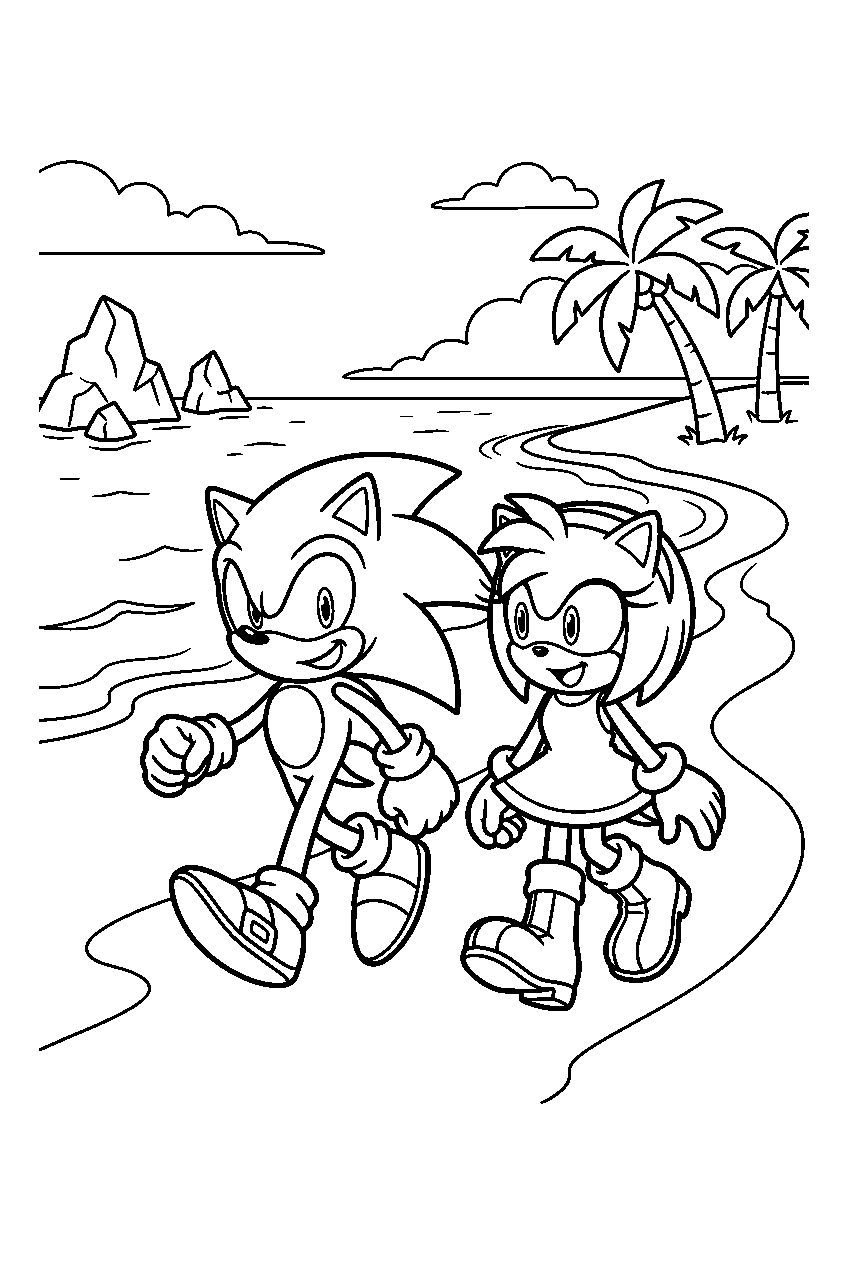 sonic amy exploring in beach area line art