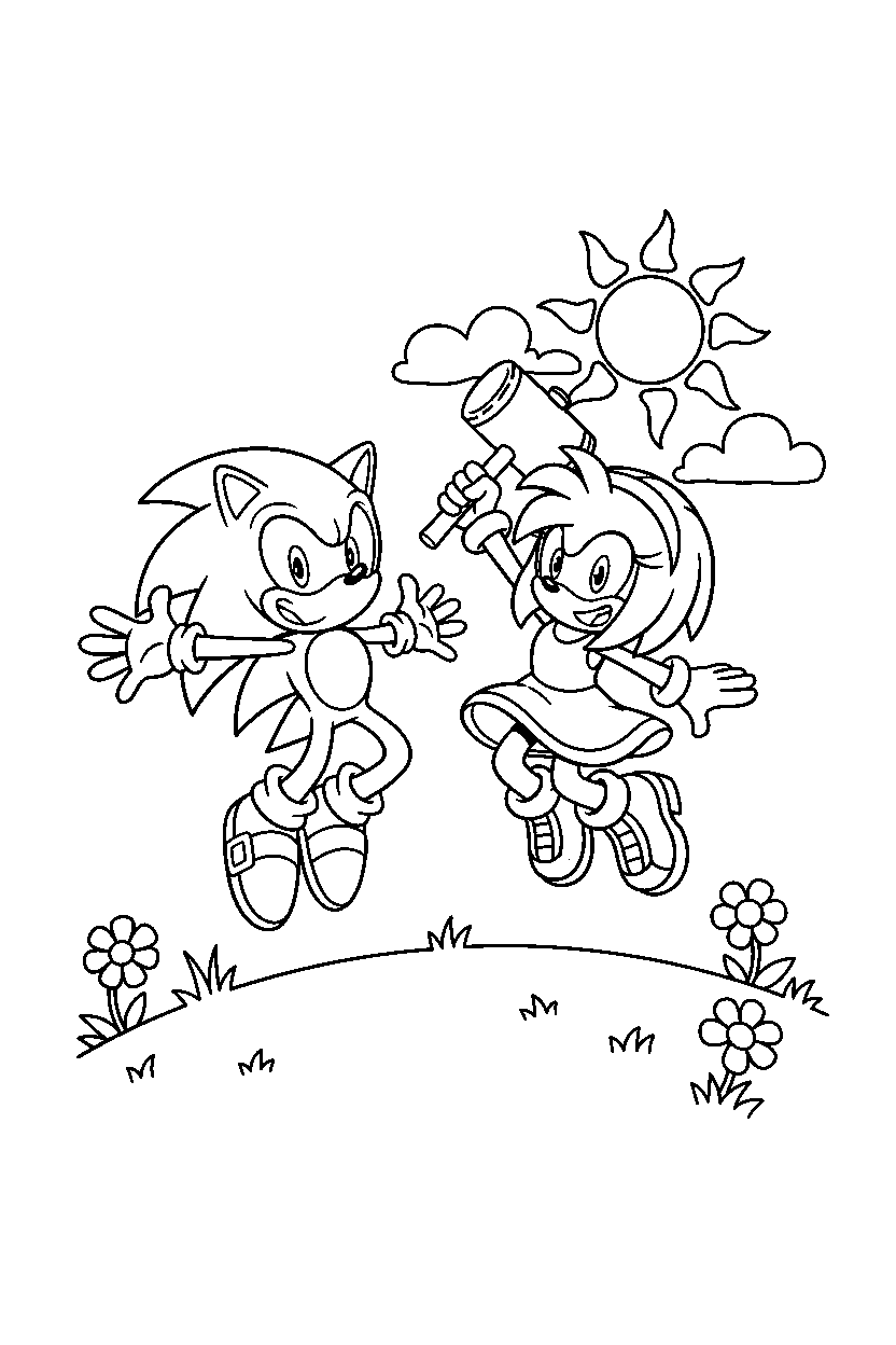 sonic amy jumping happily on a sunny hill line art