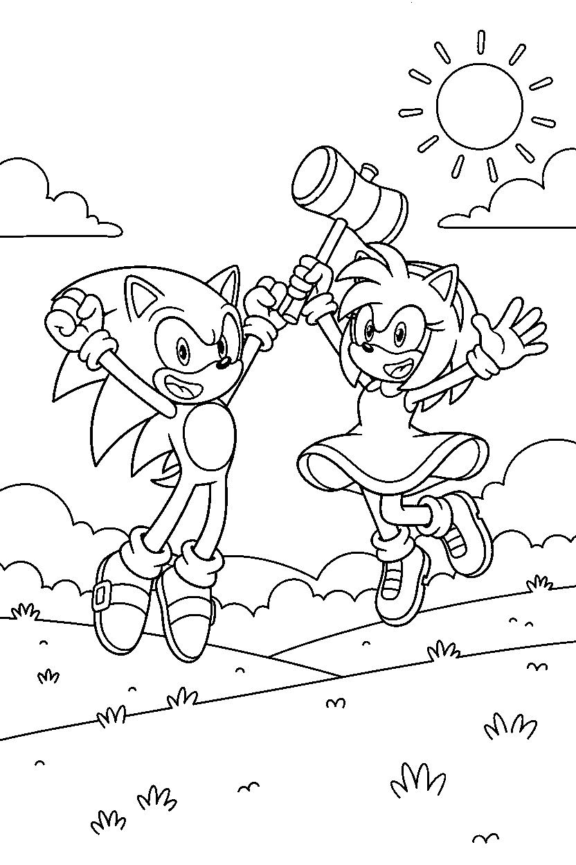 sonic amy jumping with joy in a peaceful grassland line art