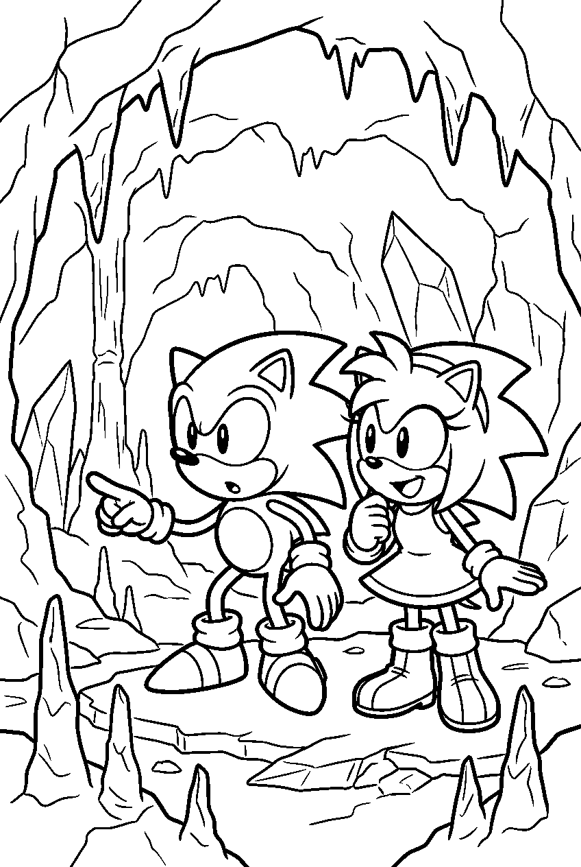 sonic amy looking around in icy cave line art
