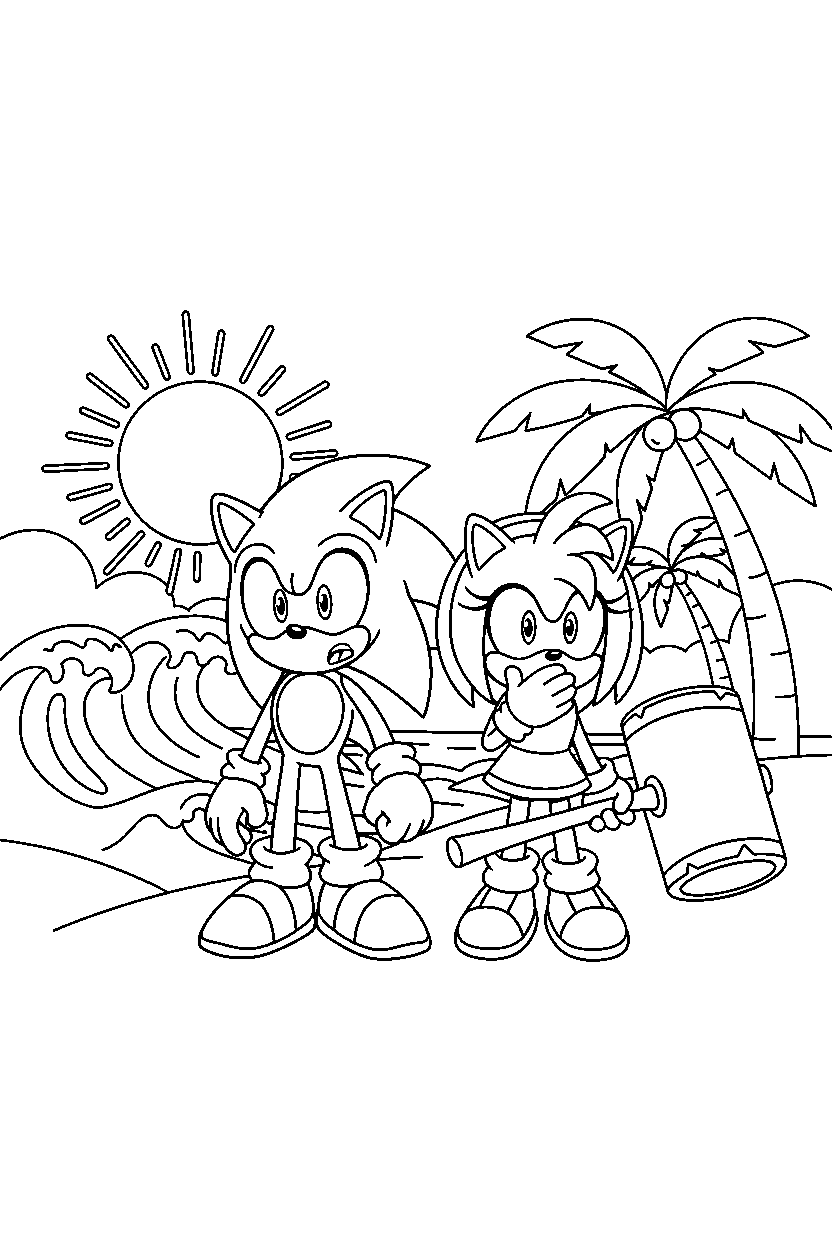 sonic amy looking surprised near a sunny coastline line art
