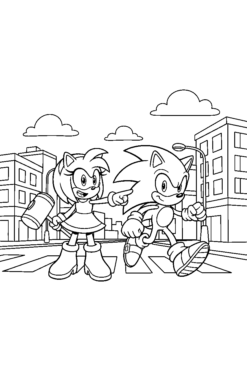 sonic amy pointing in street line art