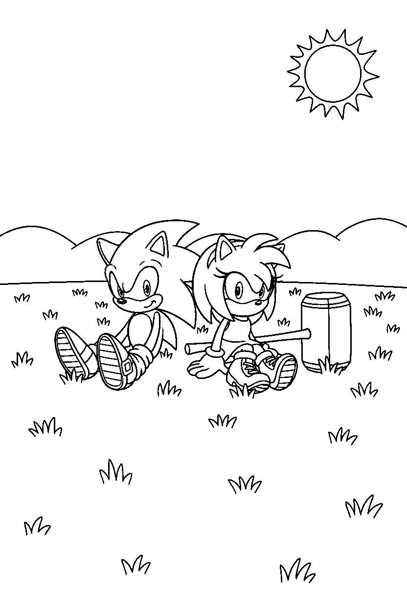 sonic amy sitting in open field line art