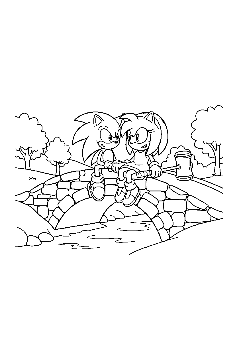 sonic amy sitting on stone bridge line art