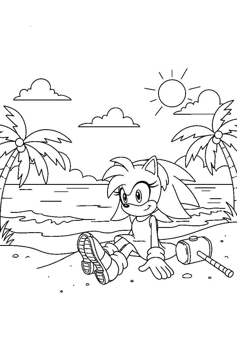 sonic amy sitting peacefully near a sunny coastline line art