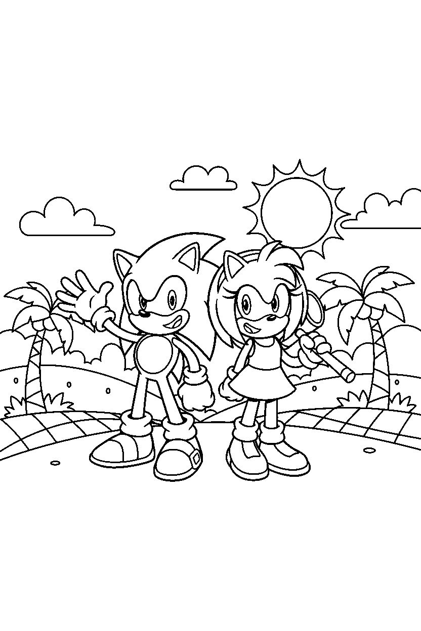 sonic amy smiling happily in a sunny hill zone line art