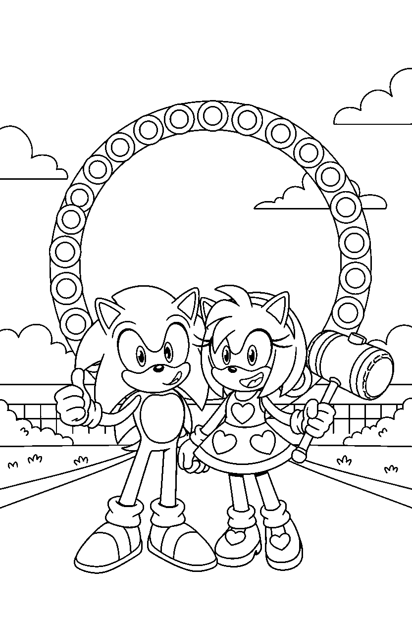 sonic amy smiling happily near a loop hill line art