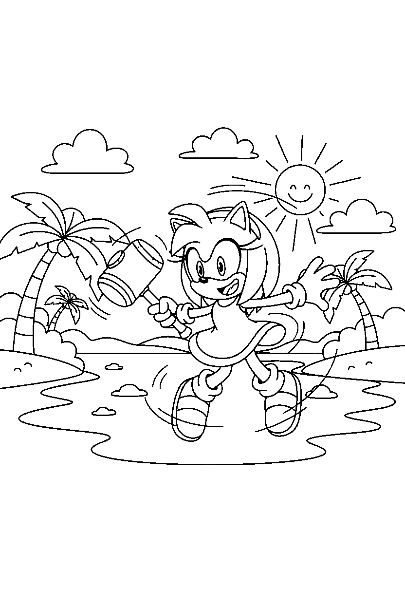 sonic amy spinning happily near a sunny lagoon line art