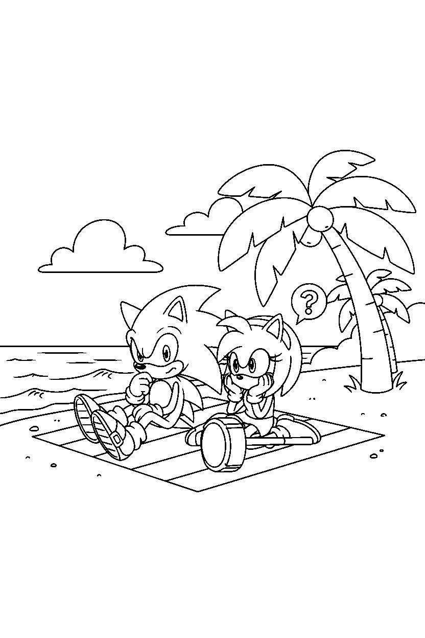 sonic amy thinking on beach line art