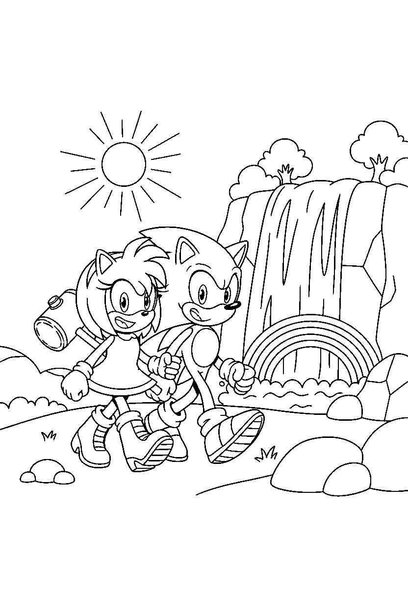 sonic amy walking happily near a waterfall line art