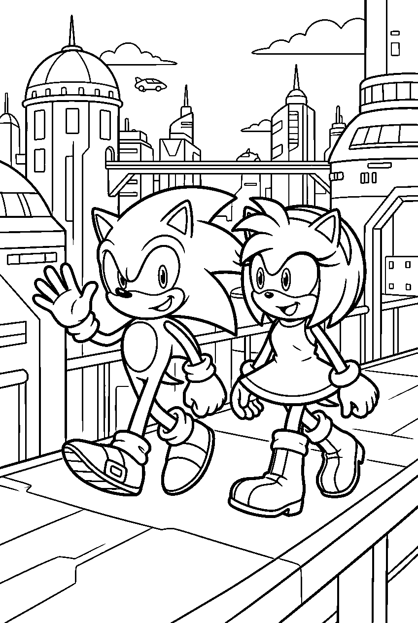 sonic amy walking in futuristic city line art