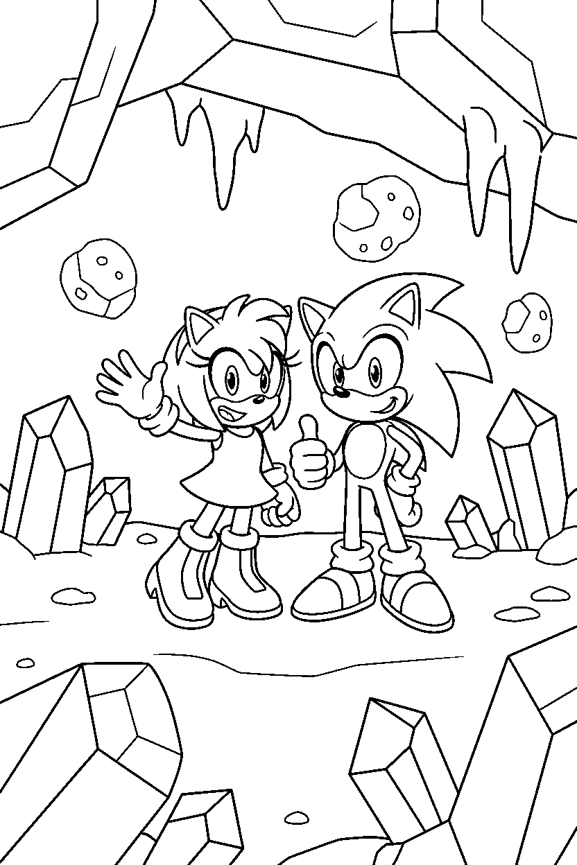 sonic amy waving happily in a crystal cave line art