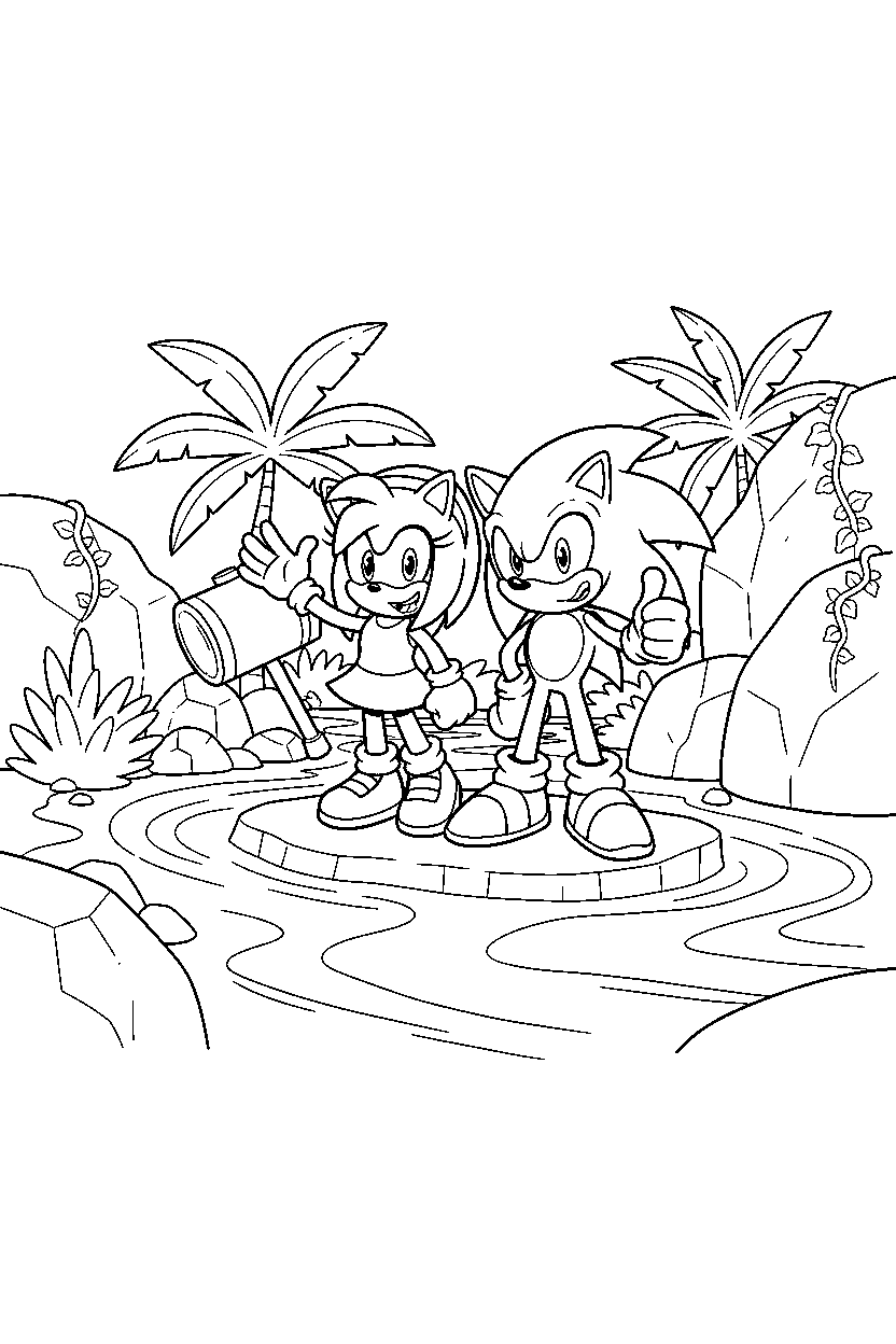sonic amy waving happily near a jungle river line art