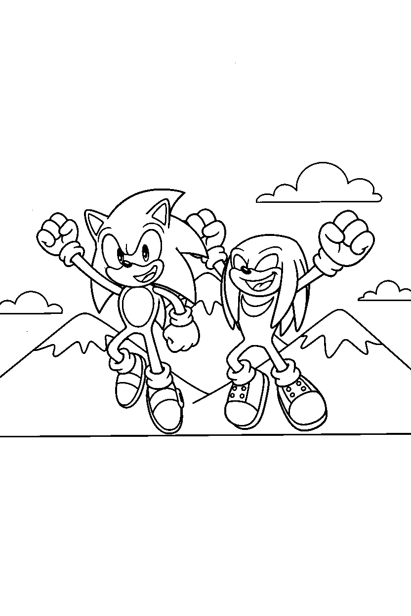sonic knuckles celebrating happily near a mountain line art