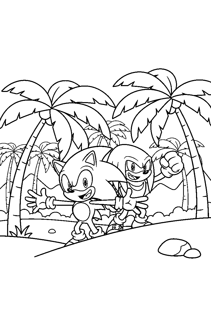 sonic knuckles looking excited in a palm forest line art