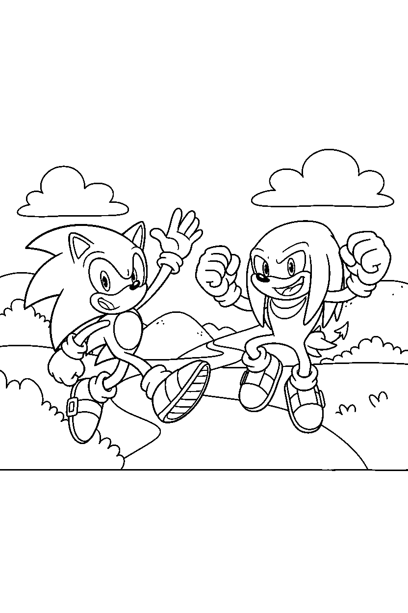 sonic knuckles looking excited near rolling hills line art