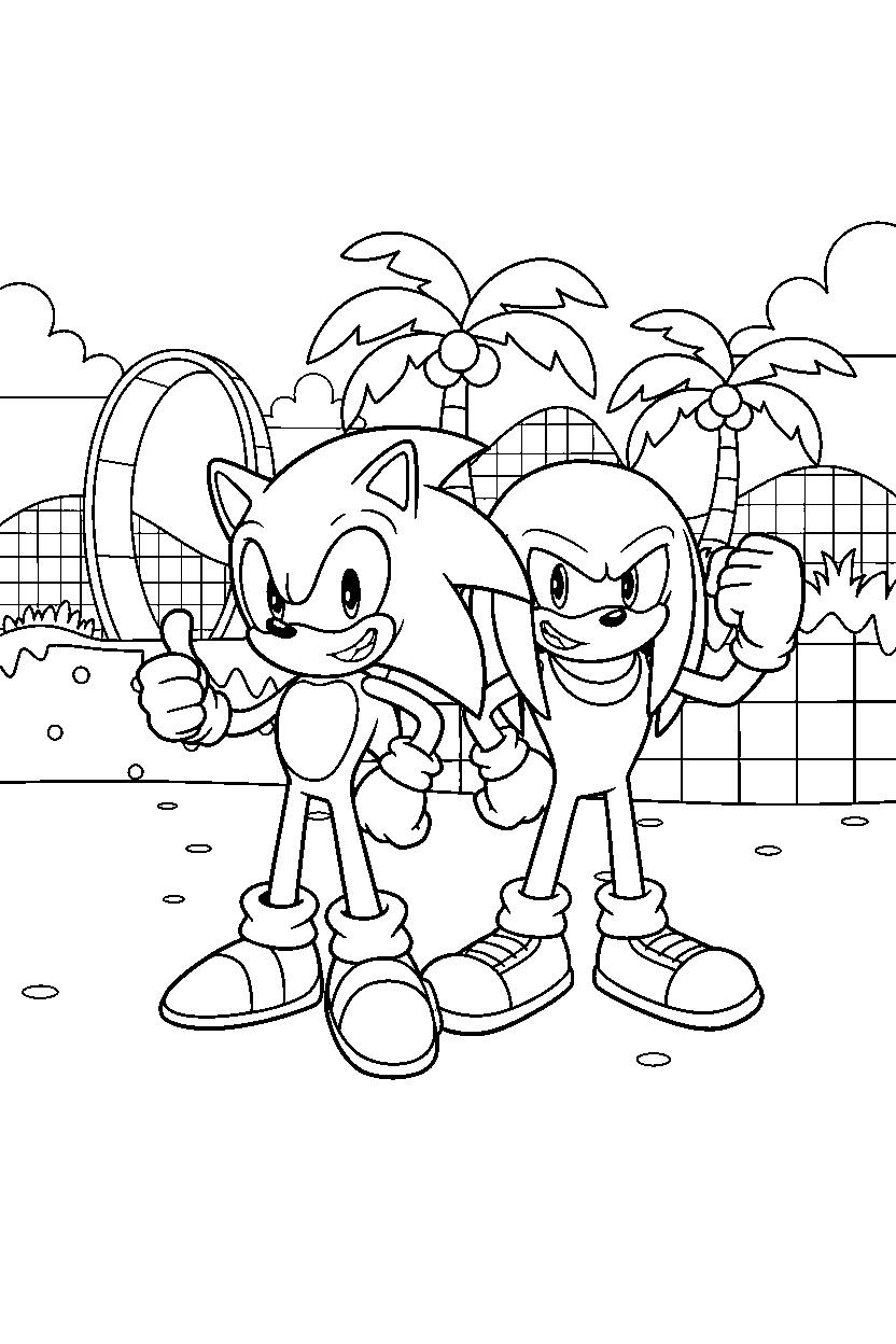 sonic knuckles posing happily in green hill zone line art