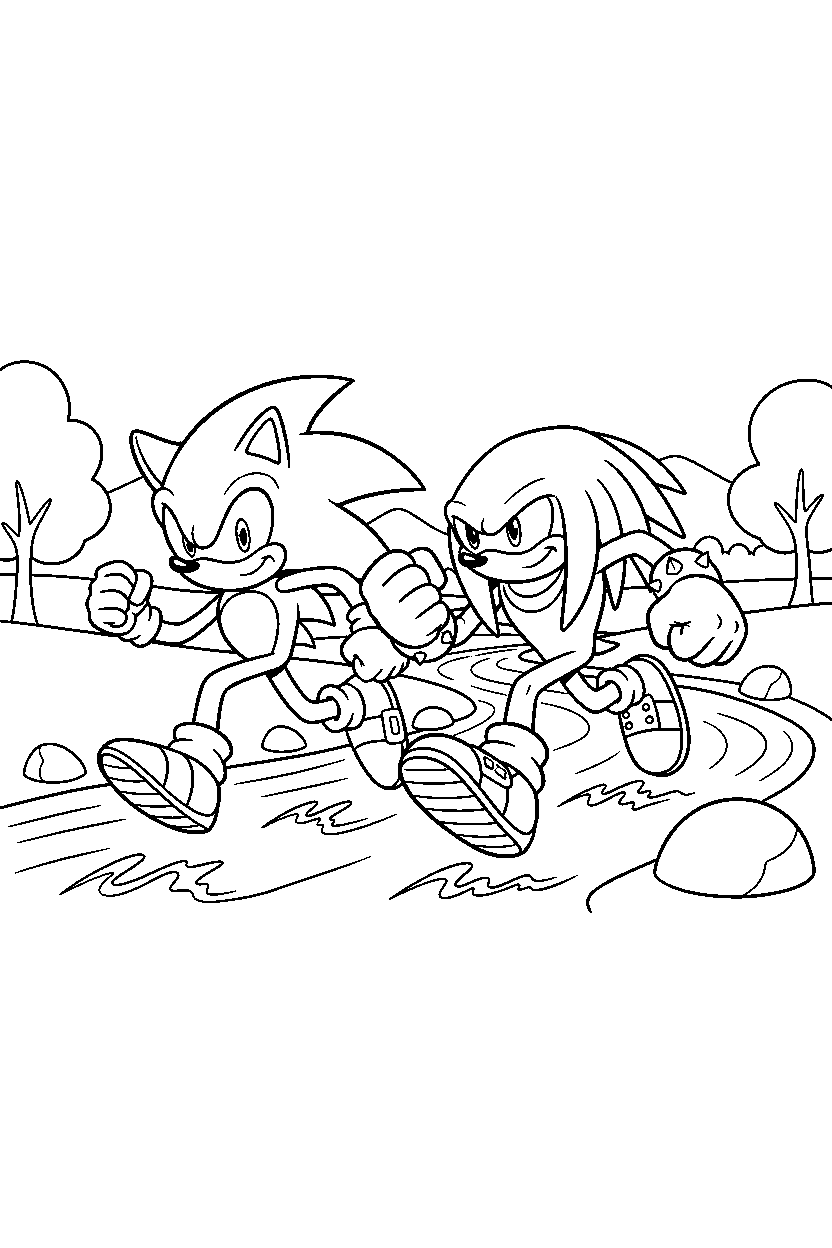 sonic knuckles running by river line art