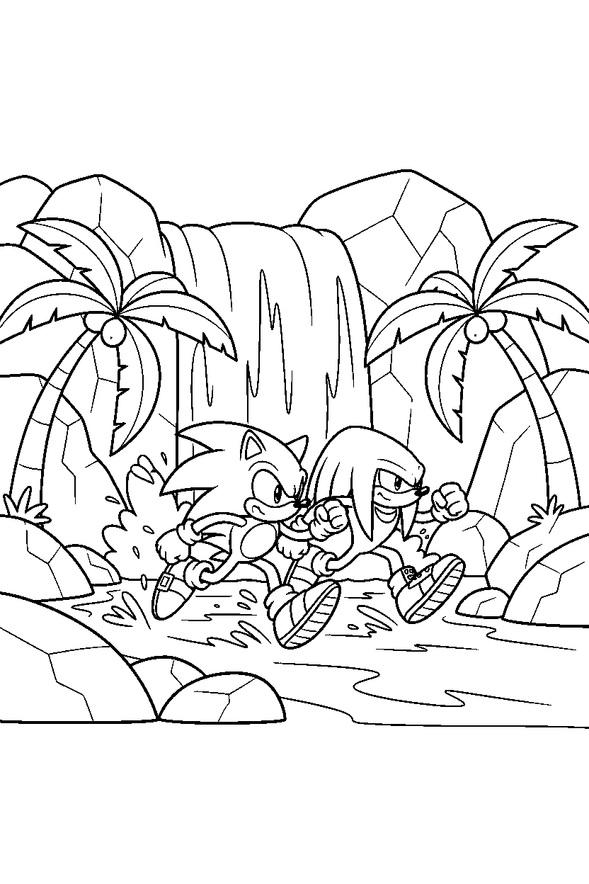 sonic knuckles running in waterfall area line art