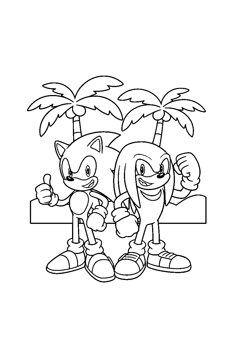 sonic knuckles smiling happily near palm trees line art