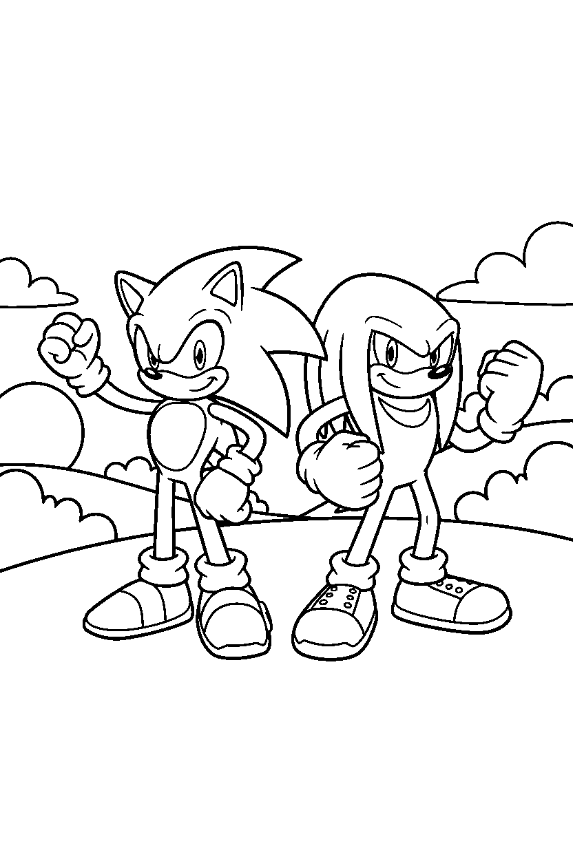 sonic knuckles standing bravely on a bright hillside line art
