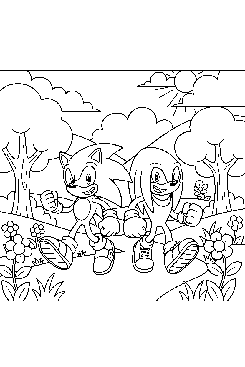 sonic knuckles walking happily in a cheerful valley line art