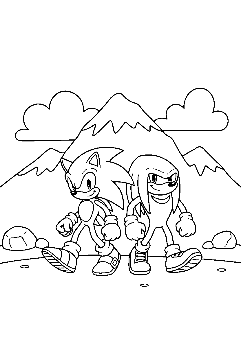 sonic knuckles walking proudly near a mountain line art