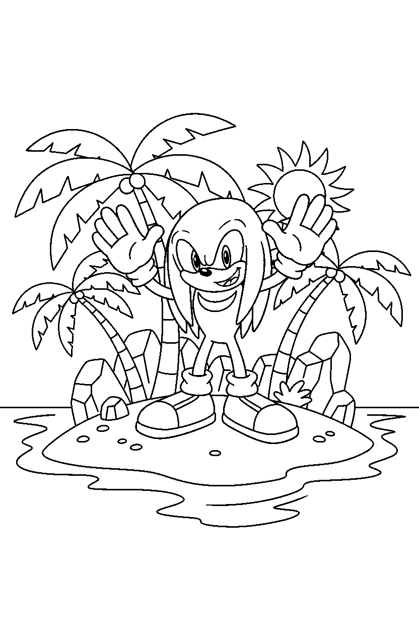 sonic knuckles waving happily in a bright island zone line art