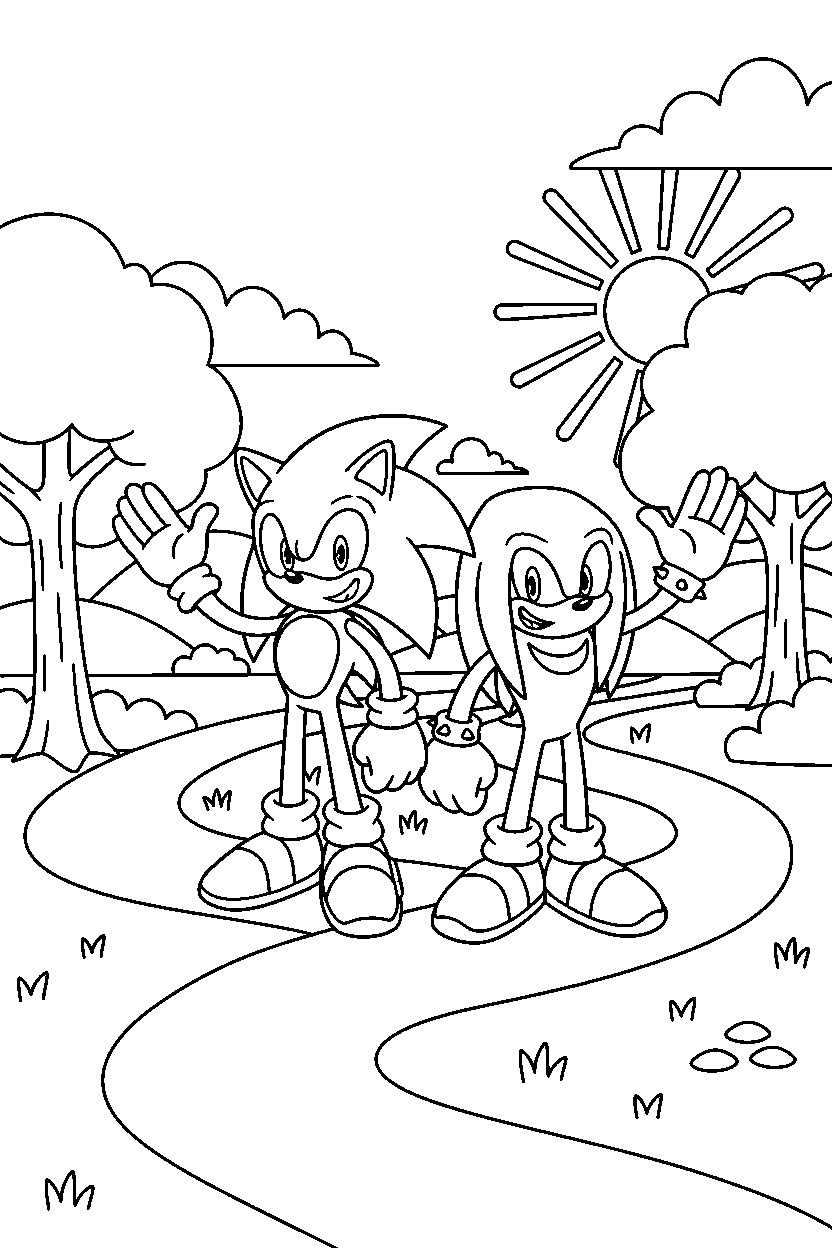 sonic knuckles waving happily on a loop valley line art