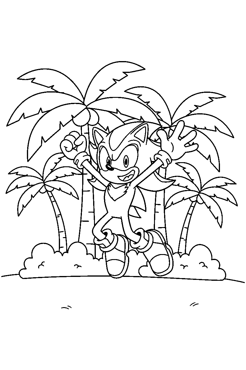 sonic shadow celebrating happily in a palm forest line art