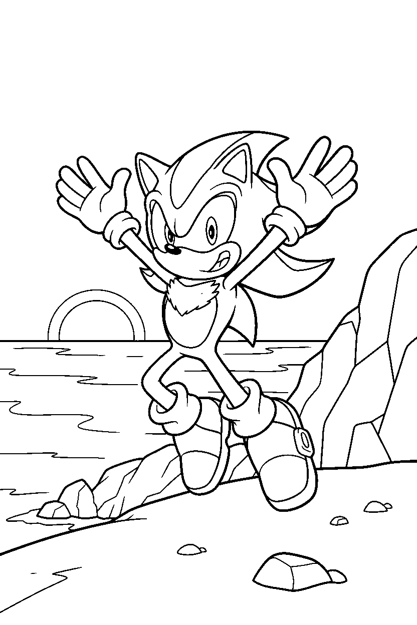 sonic shadow celebrating happily on a rocky coast line art