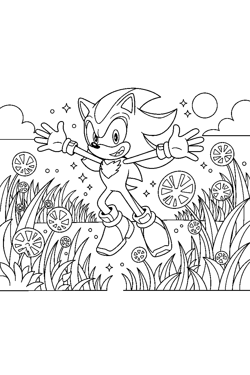 sonic shadow exploring happily in a glowing grassland line art