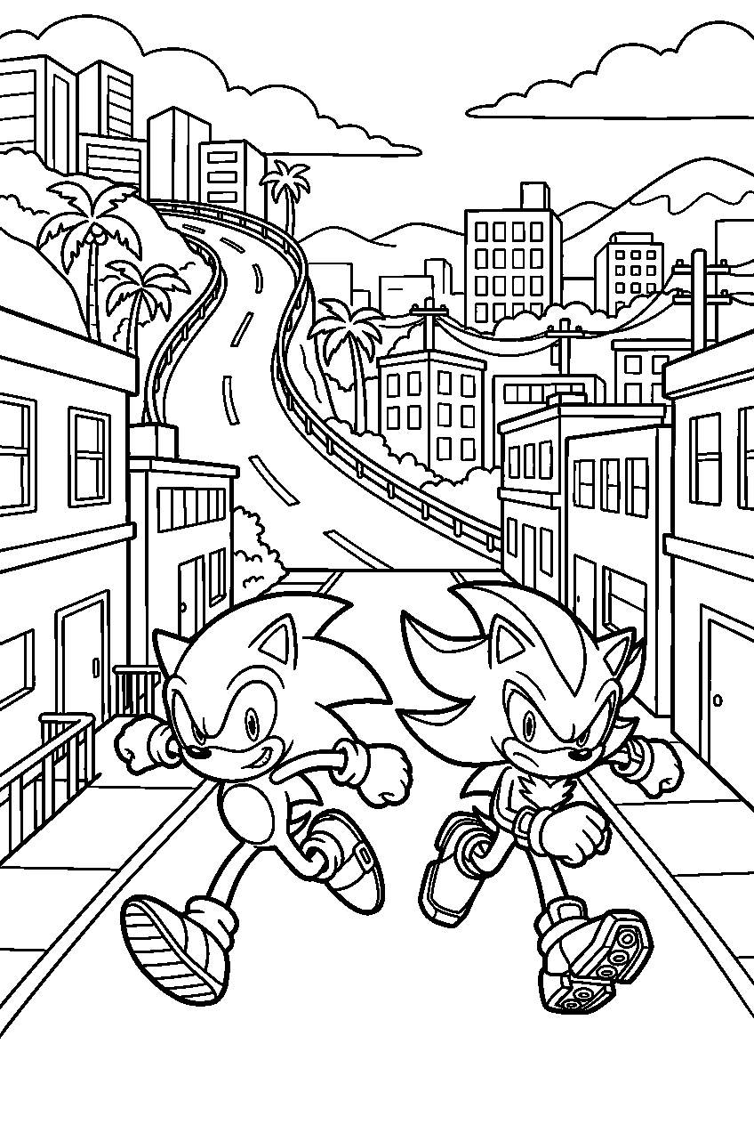 sonic shadow exploring in city escape line art