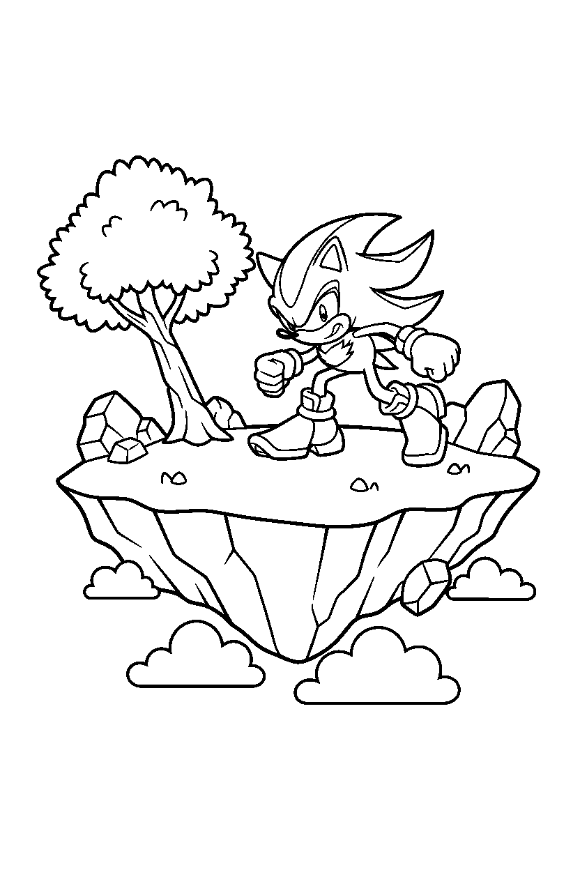 sonic shadow getting ready to run on a floating land line art