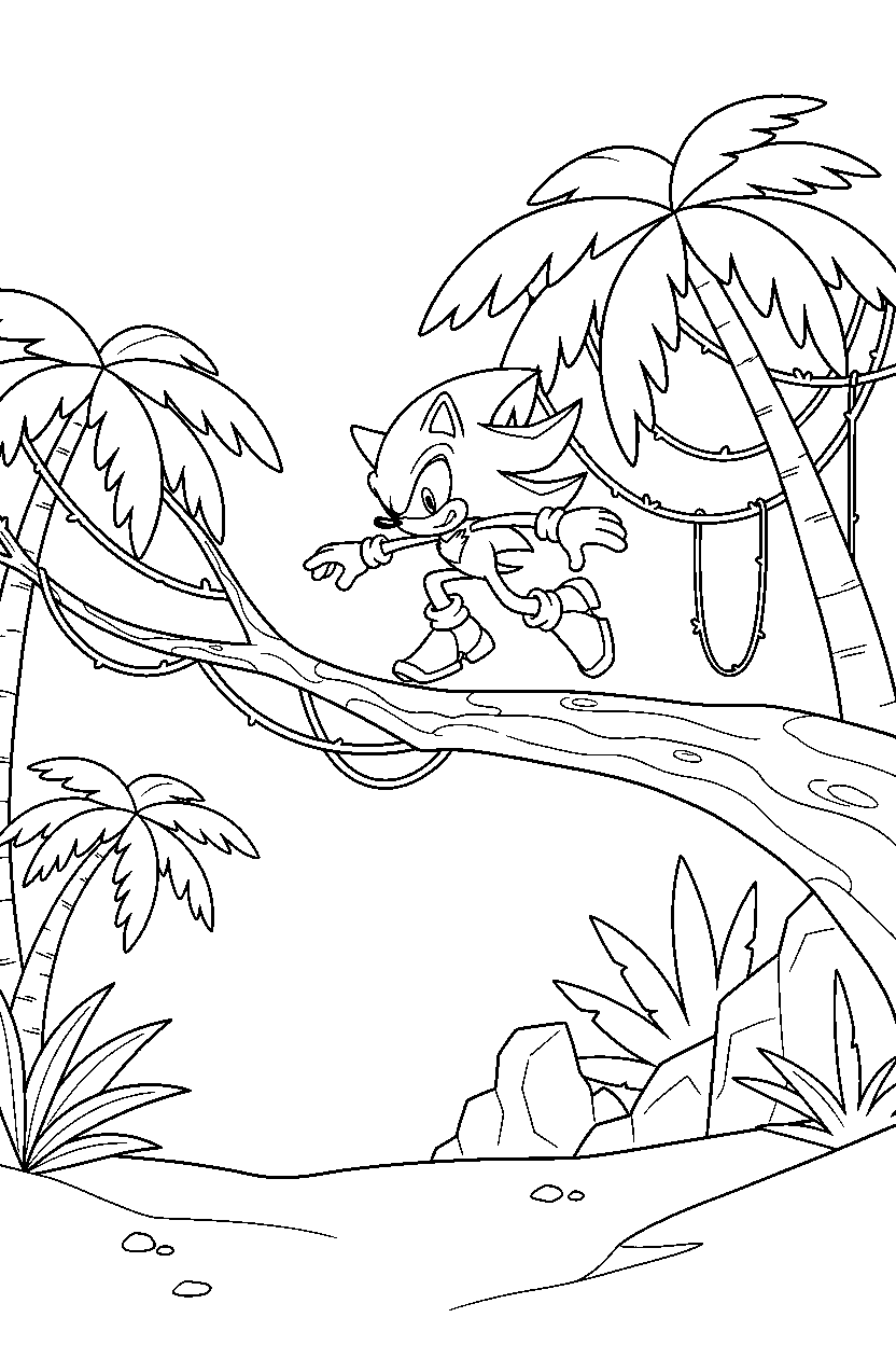 sonic shadow jumping in jungle line art