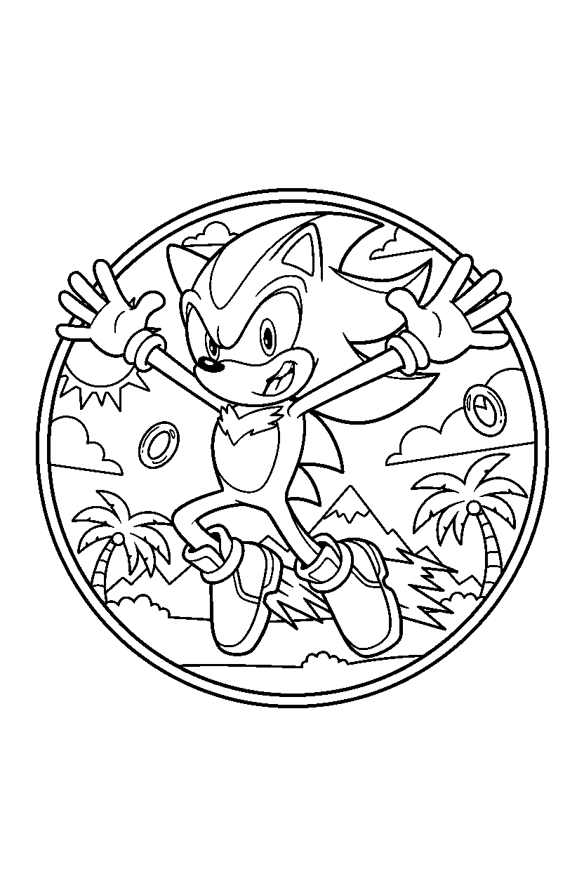 sonic shadow jumping with joy in a sunny adventure zone line art
