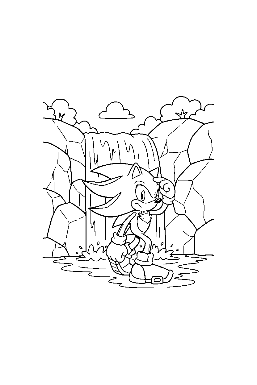 sonic shadow looking around by waterfall line art