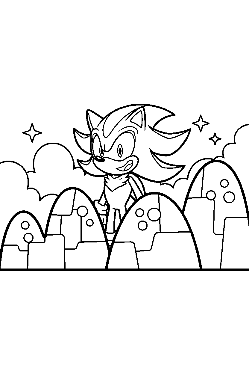 sonic shadow looking excited near colorful rock hills line art