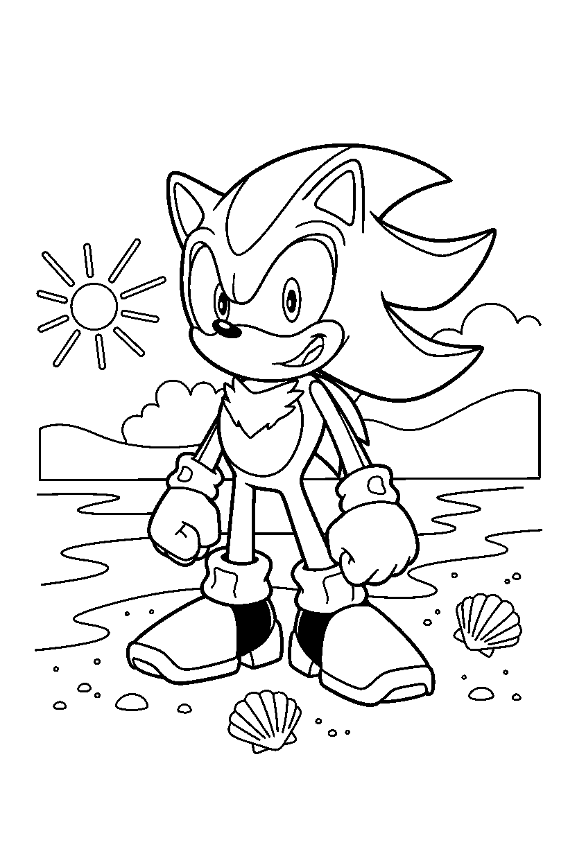 sonic shadow looking happy on a sandy shore line art