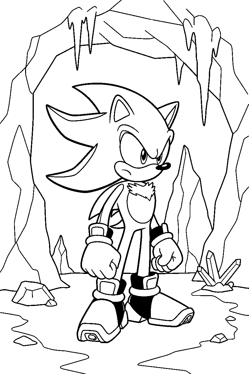 sonic shadow observing in icy cave line art