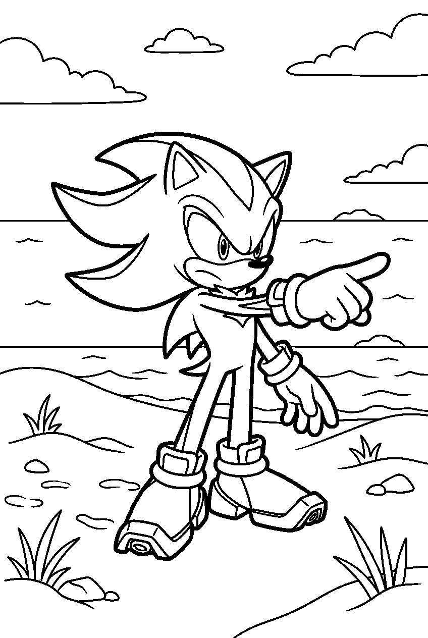 sonic shadow pointing in beach area line art