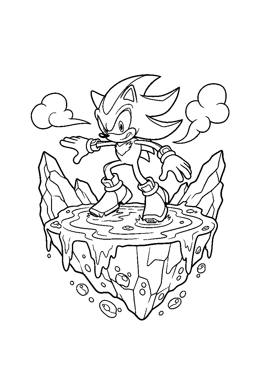 sonic shadow reaching on lava platform line art