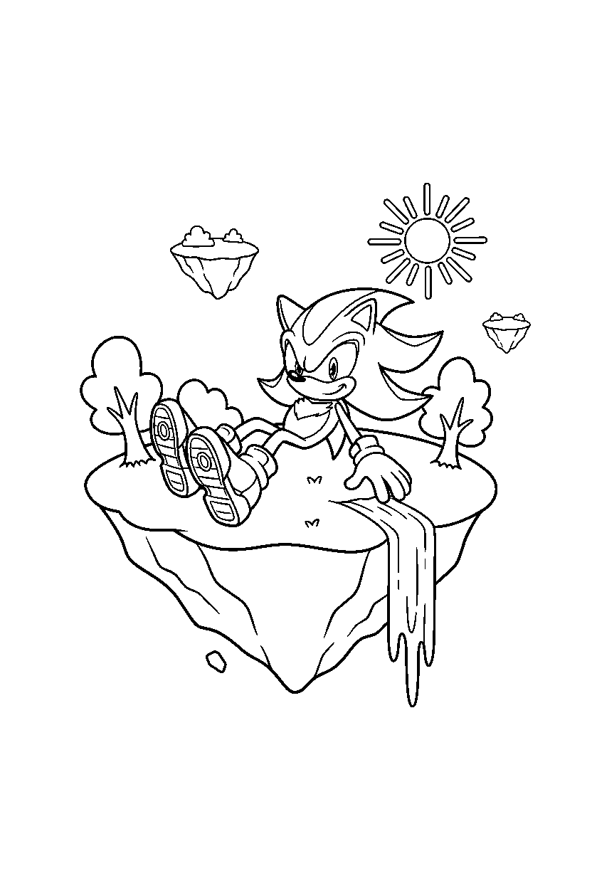 sonic shadow resting in floating island line art