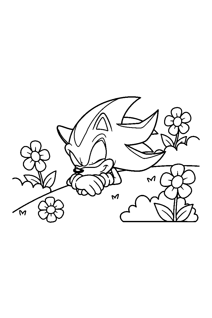 sonic shadow resting peacefully on a bright hillside line art