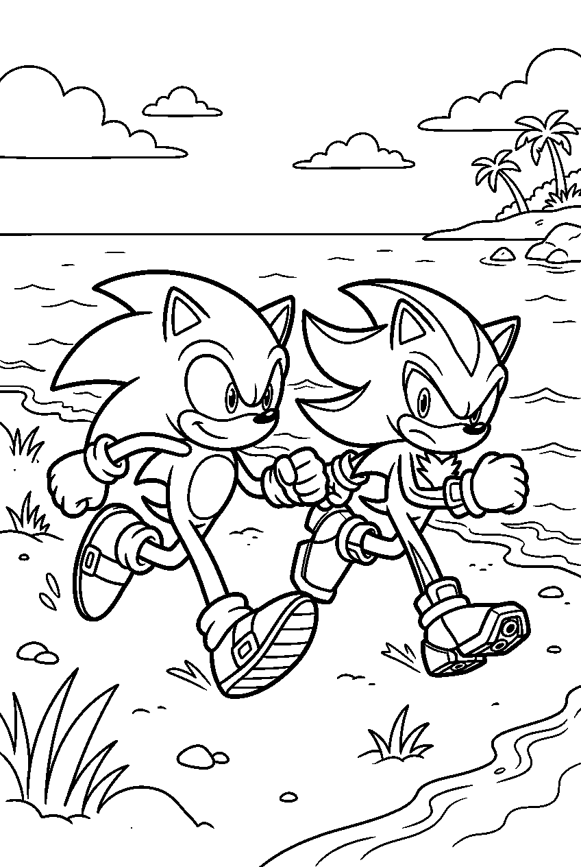 sonic shadow running in beach area line art
